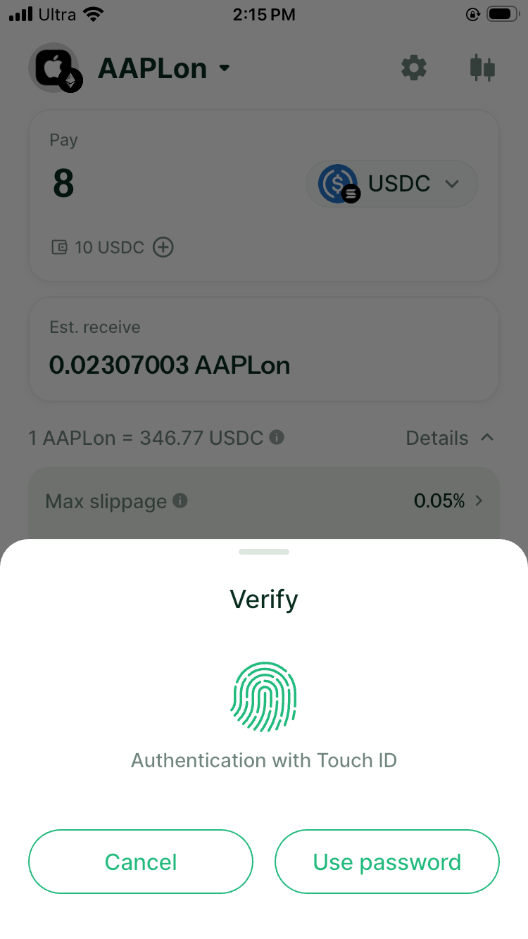 DeGate Verify sheet on iPhone with Touch ID, Cancel, and Use password options over an AAPLon purchase