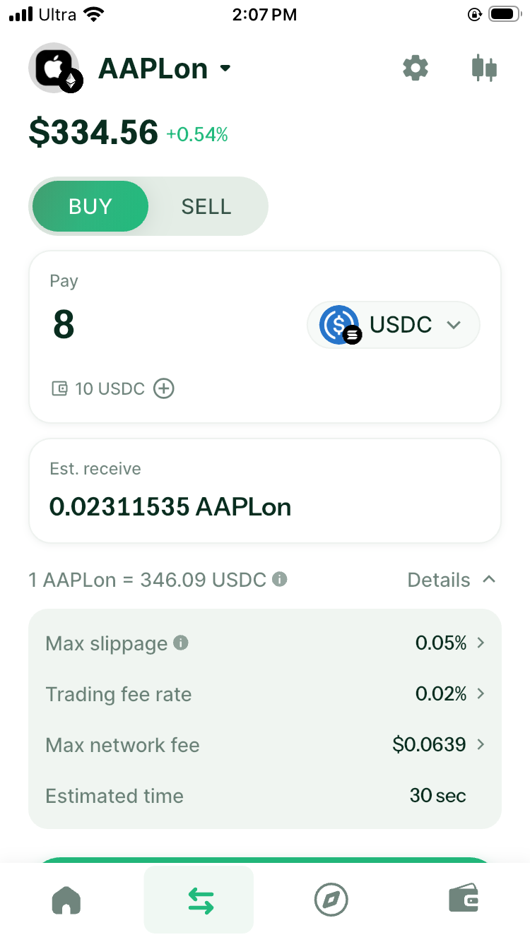 DeGate buy screen for AAPLon showing the USDC payment, estimated AAPLon received, exchange rate, slippage, trading fee, maximum network fee, and estimated time