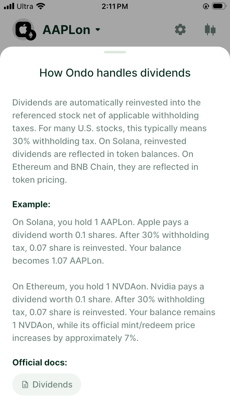 DeGate explanation of how Ondo reinvests dividends and reflects them in token balances or pricing on different networks