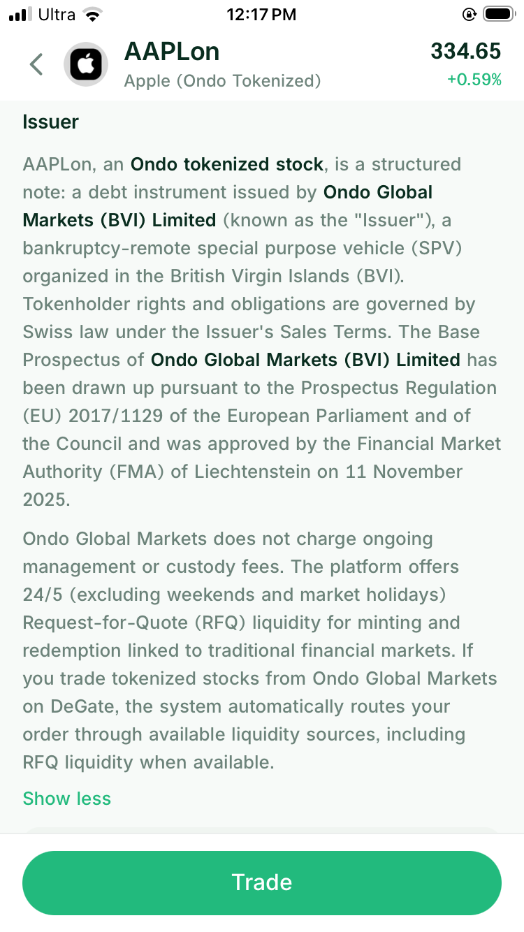 DeGate Token Info for AAPLon with the Ondo Global Markets issuer description expanded