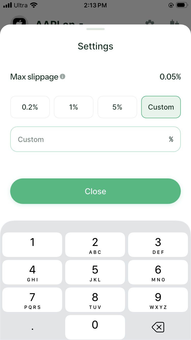DeGate stock trade settings showing max slippage presets and a custom percentage field