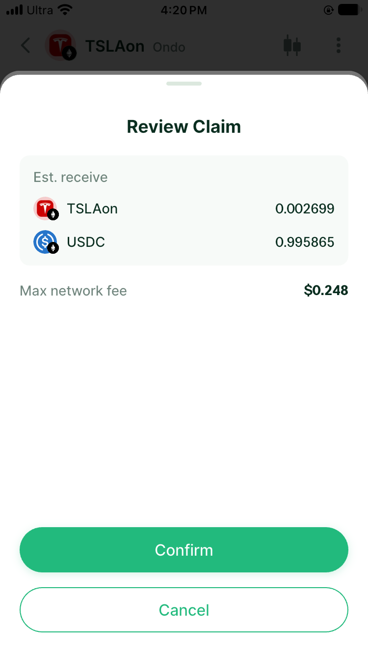 Review Claim listing an estimated 0.002699 TSLAon and 0.995865 USDC, maximum network fee, and Confirm button