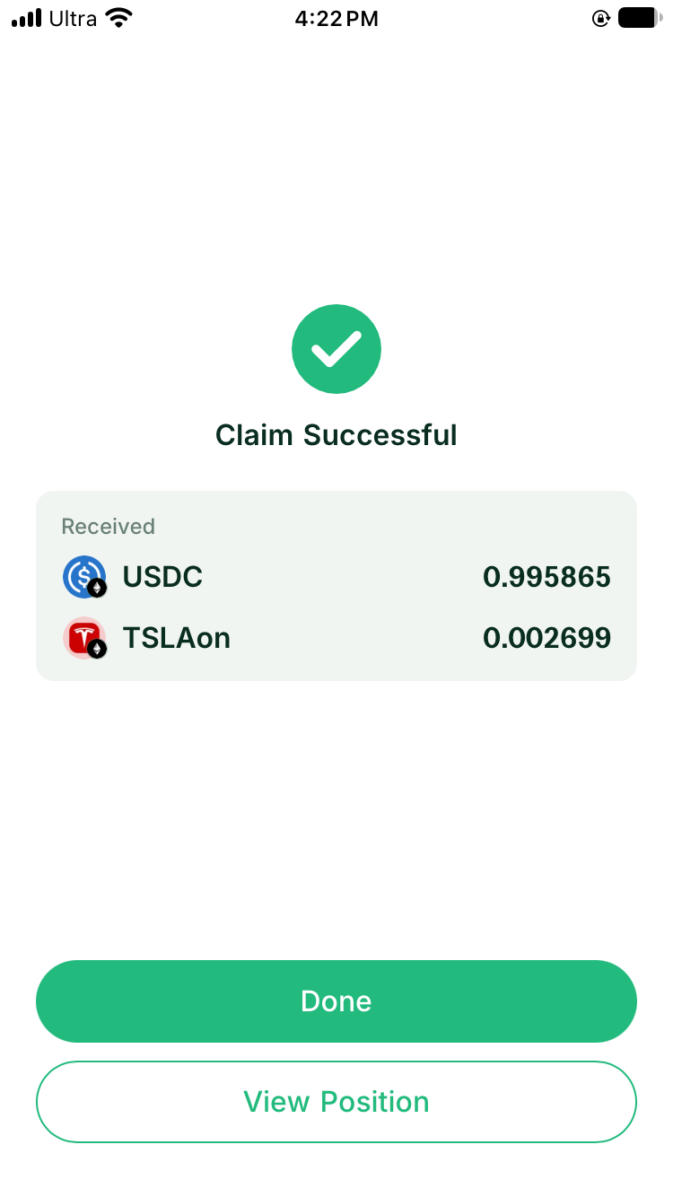 Claim Successful showing 0.995865 USDC and 0.002699 TSLAon received, with a View Position button