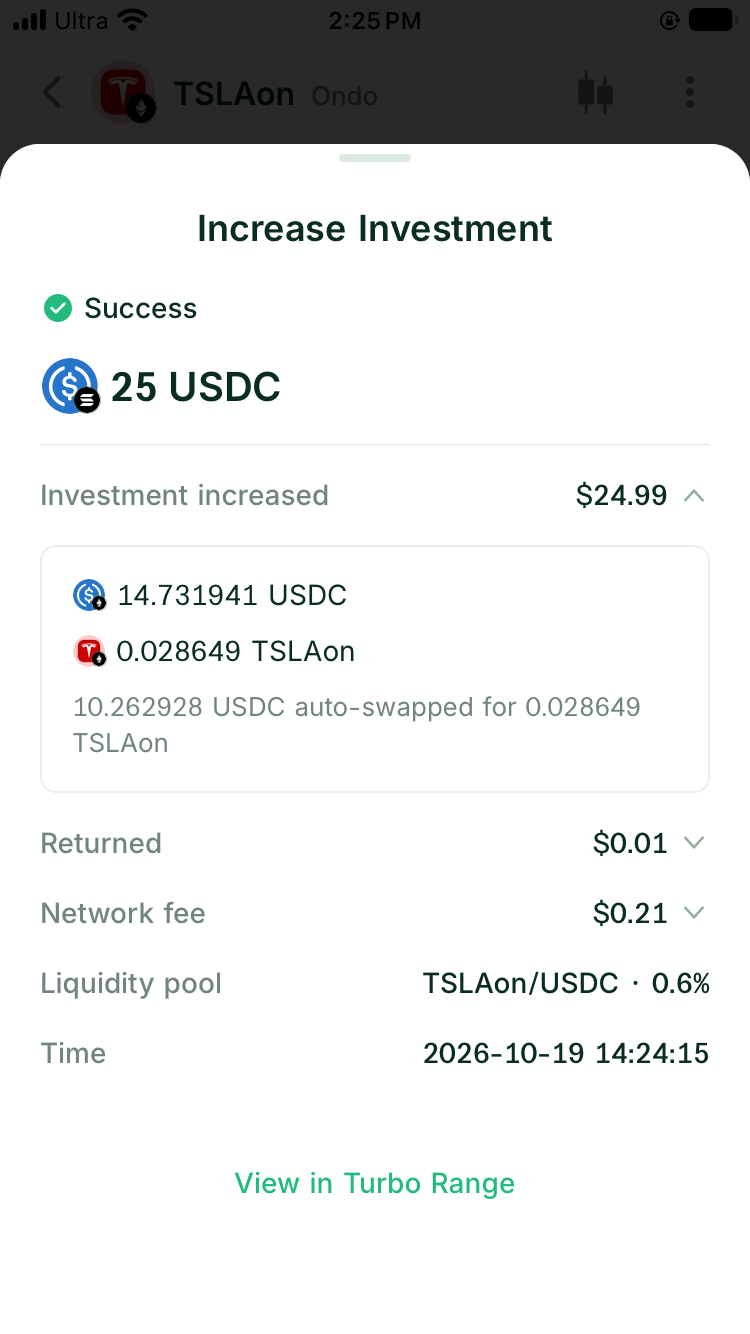 Successful Increase Investment record expanded to show actual USDC and TSLAon amounts and the auto-swap