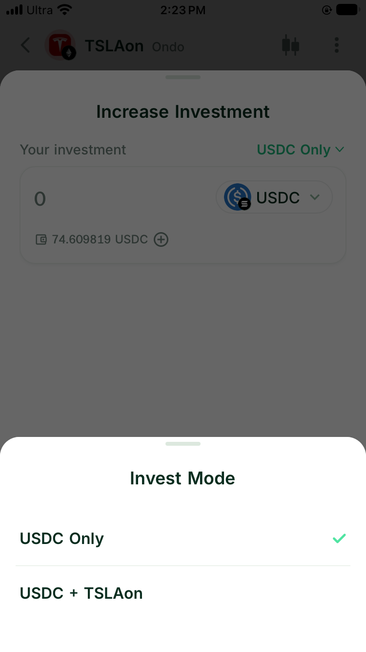 Invest Mode menu for a TSLAon increase showing USDC Only and USDC + TSLAon