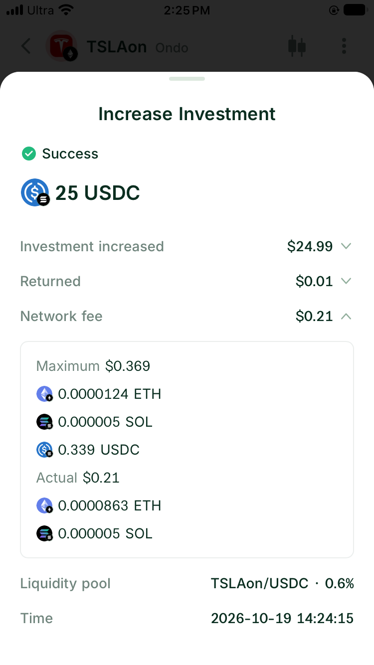 Completed TSLAon increase with Network fee expanded, showing a maximum of $0.369 and an actual fee of $0.21