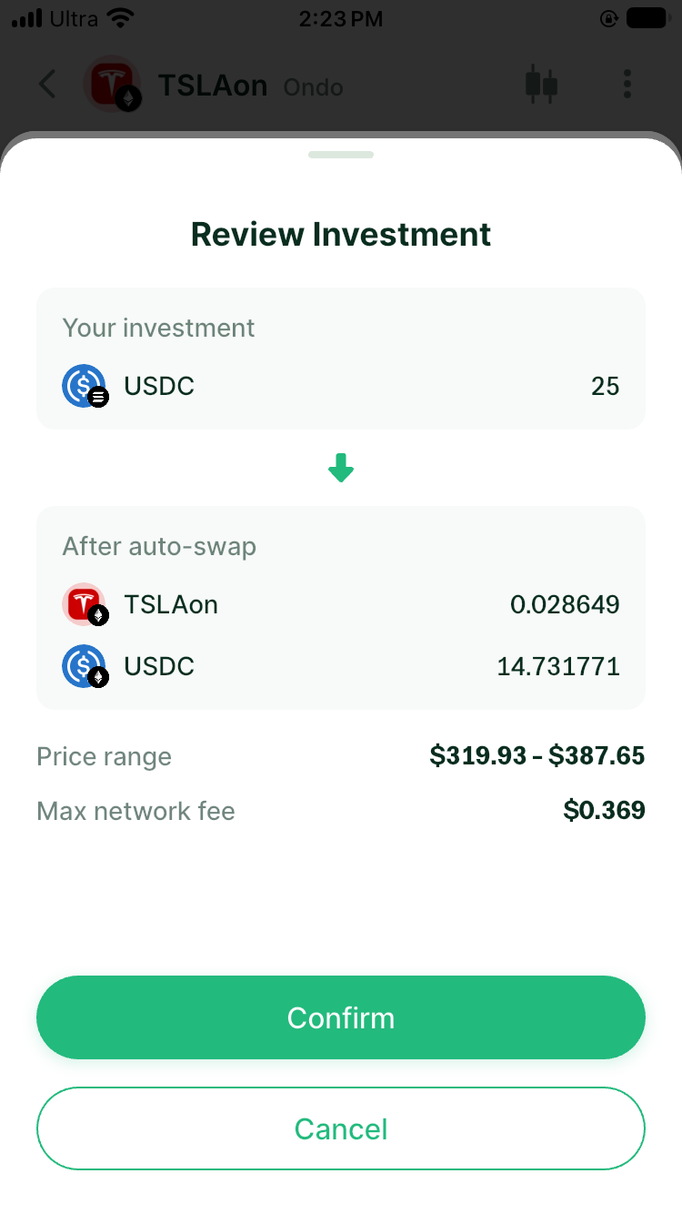 Increase Investment review showing a 25 USDC input, After auto-swap quantities, and the existing price range