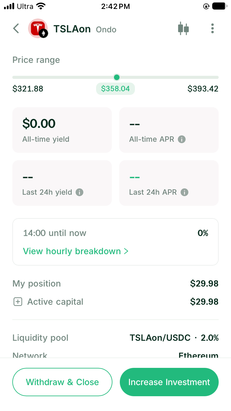 New TSLAon position with its selected range, active capital, and yield fields