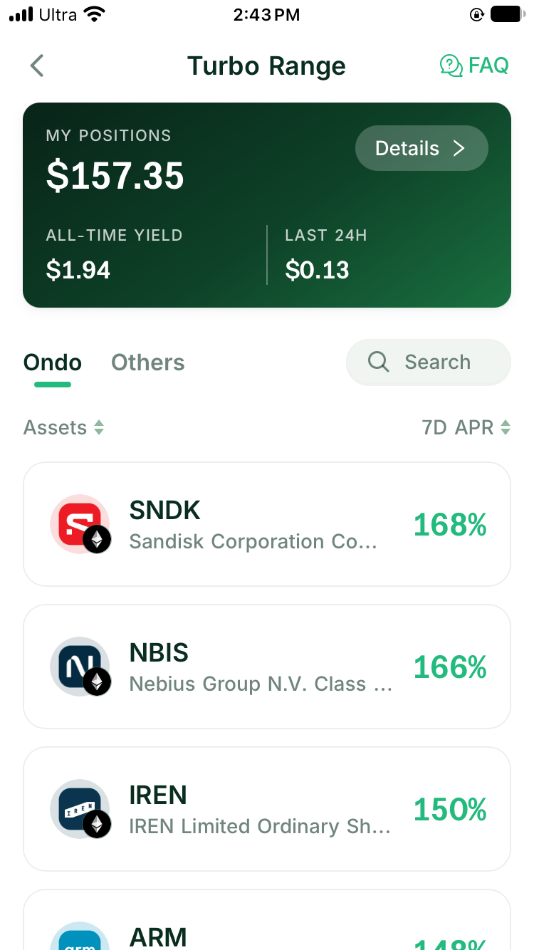 Turbo Range home with Ondo asset list, Search, and a 7D APR column