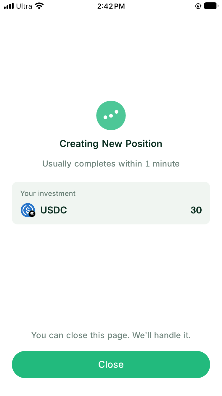 Creating New Position processing screen for a 30 USDC input