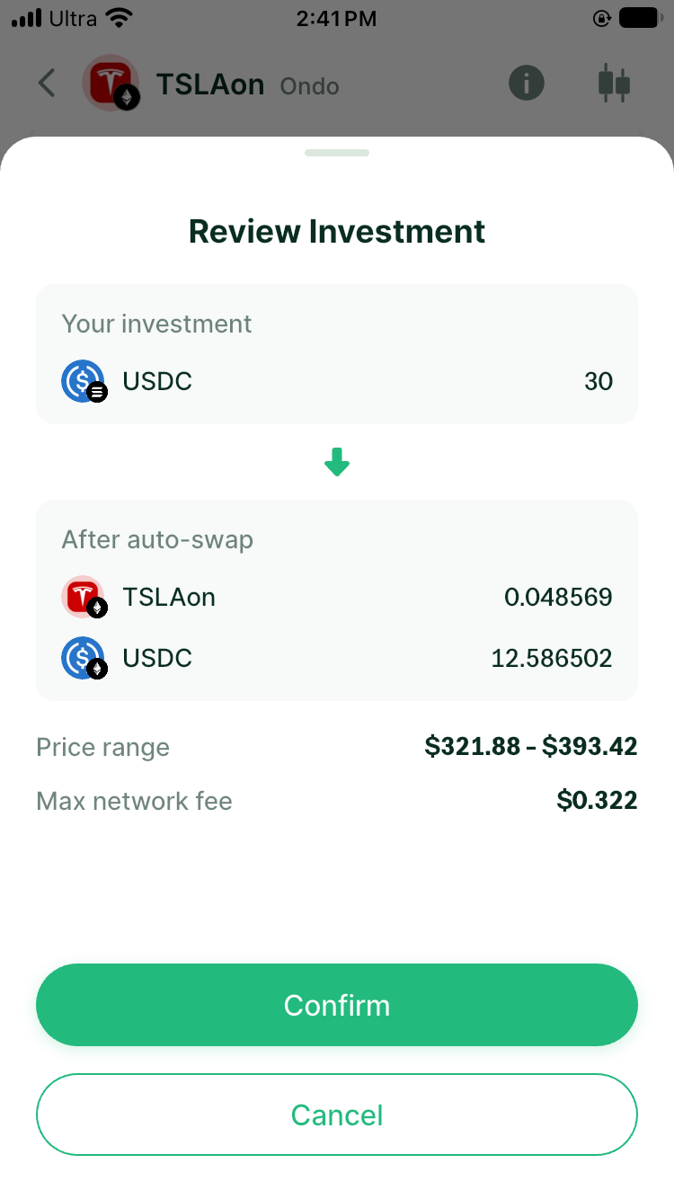 TSLAon opening review showing 30 USDC from Solana and the resulting TSLAon and Ethereum USDC amounts