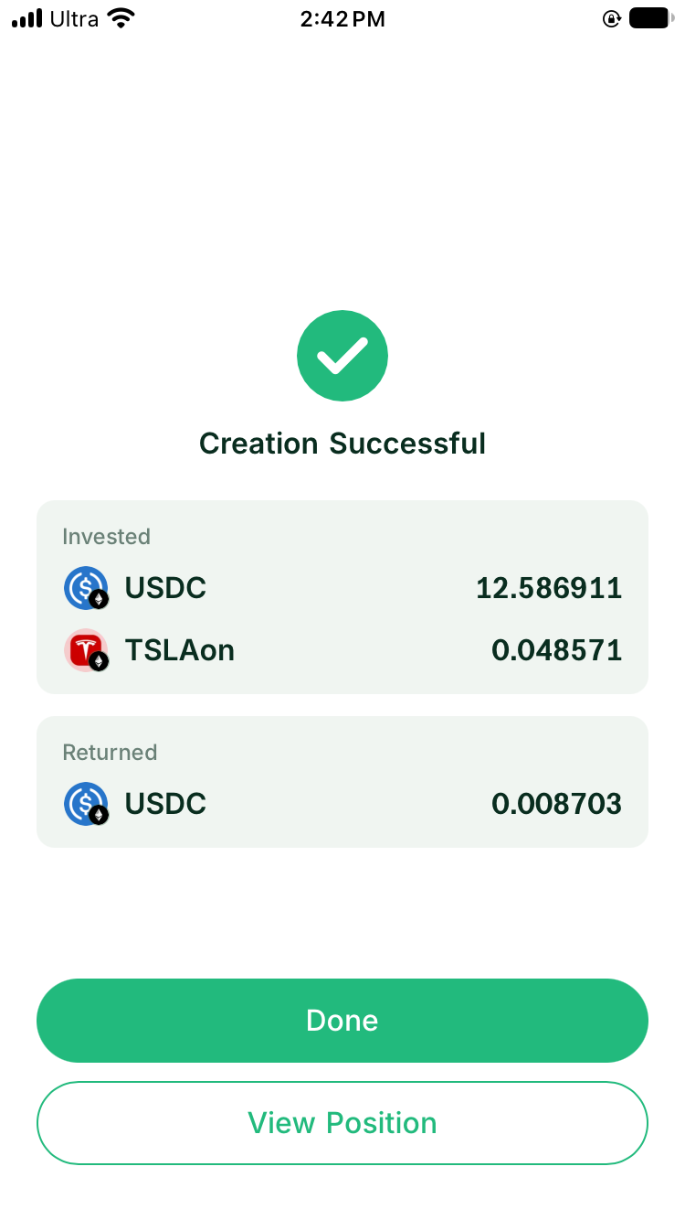 Creation Successful screen with actual TSLAon and USDC invested and unused USDC returned