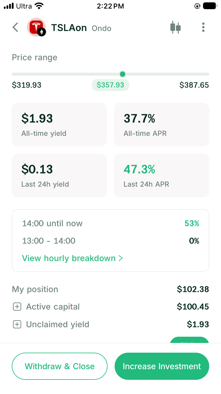 TSLAon position details with range, yield, APR, active capital, and unclaimed yield