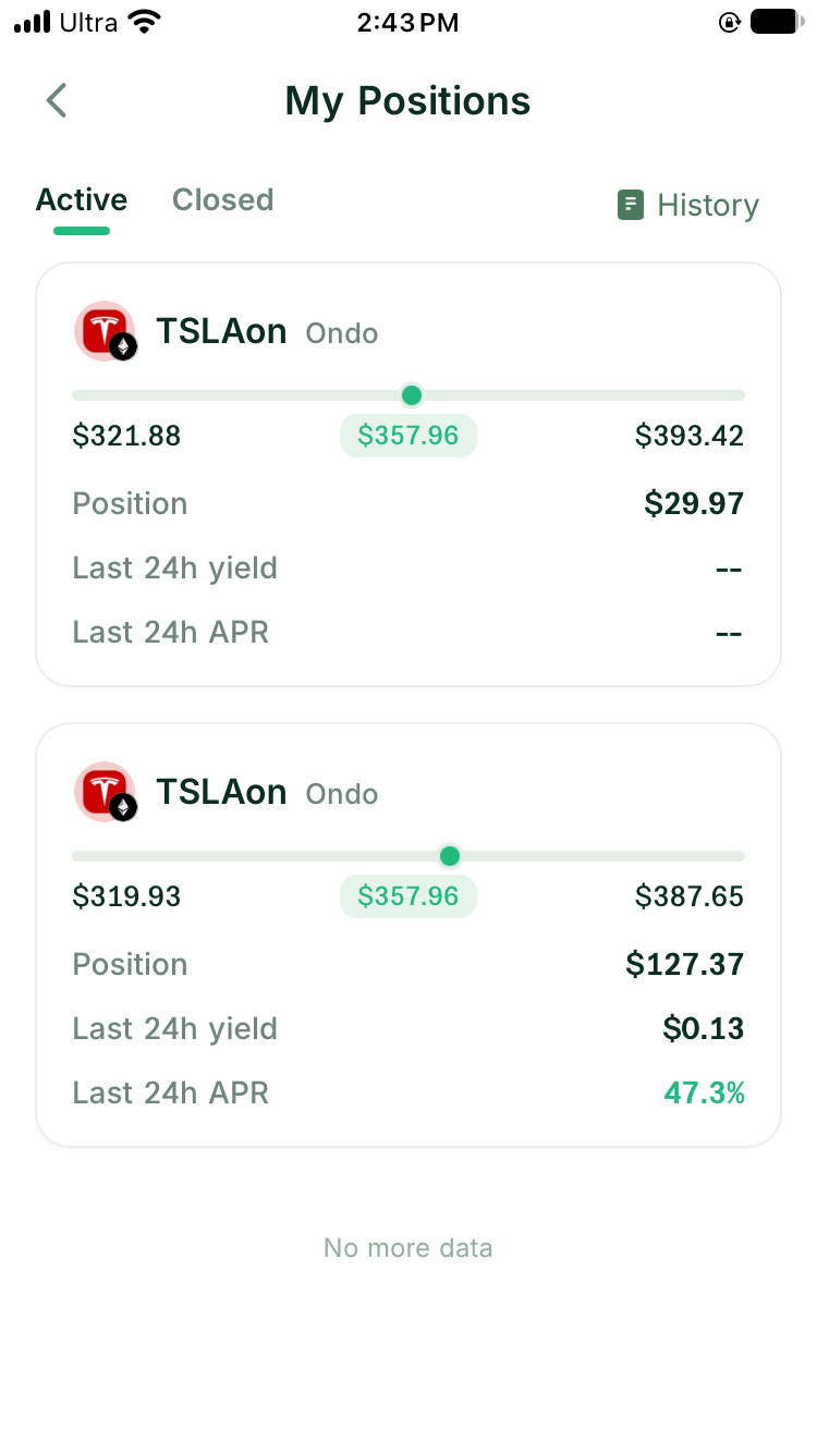 My Positions with two TSLAon positions, different ranges, and recent-performance fields