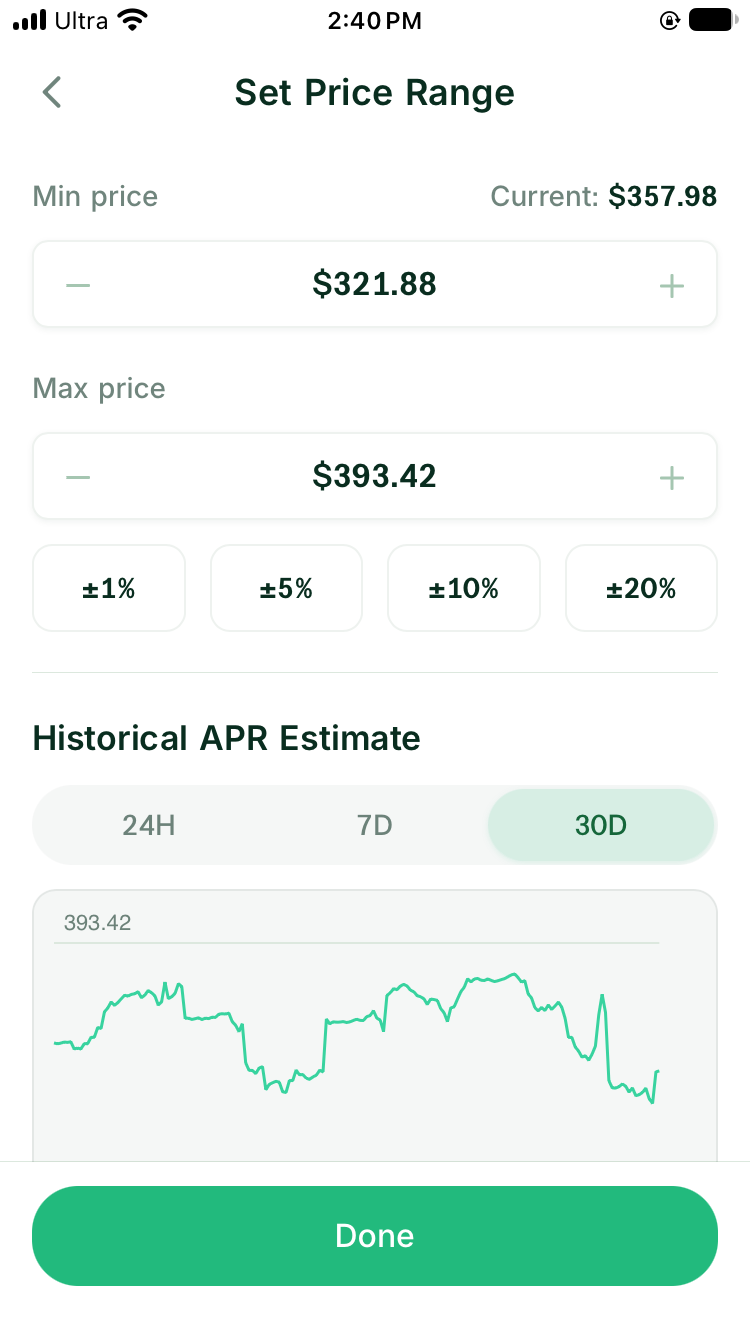 Set Price Range with current price, lower and upper bounds, and 24H, 7D, and 30D historical windows