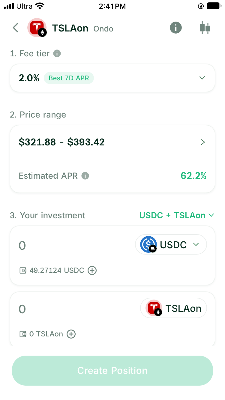 TSLAon opening setup with USDC + TSLAon selected and separate asset inputs