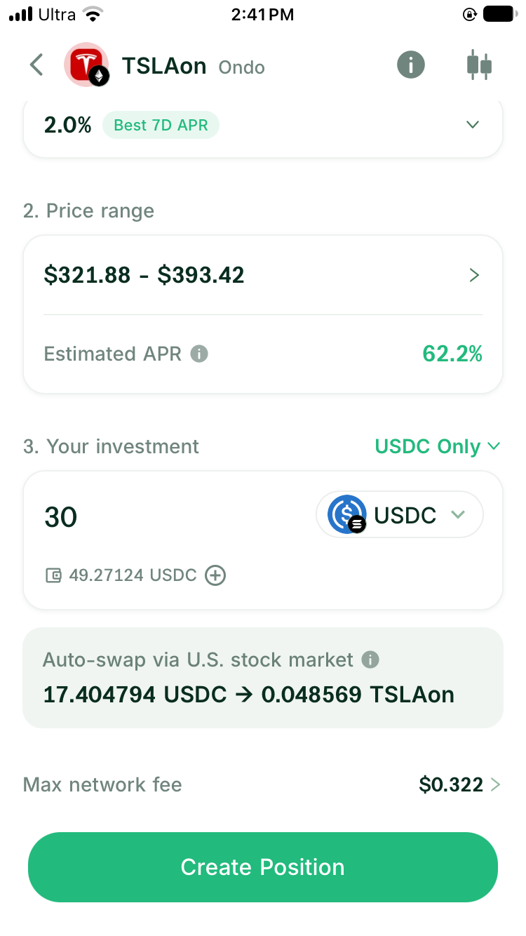 TSLAon opening setup with 30 USDC, the estimated auto-swap, and maximum network fee