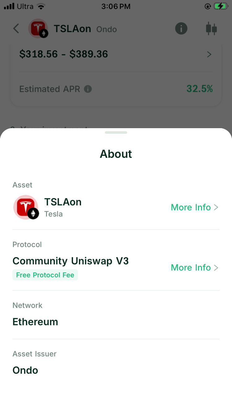 Turbo Range About panel showing Community Uniswap V3 as the third-party pool protocol for a TSLAon and USDC position