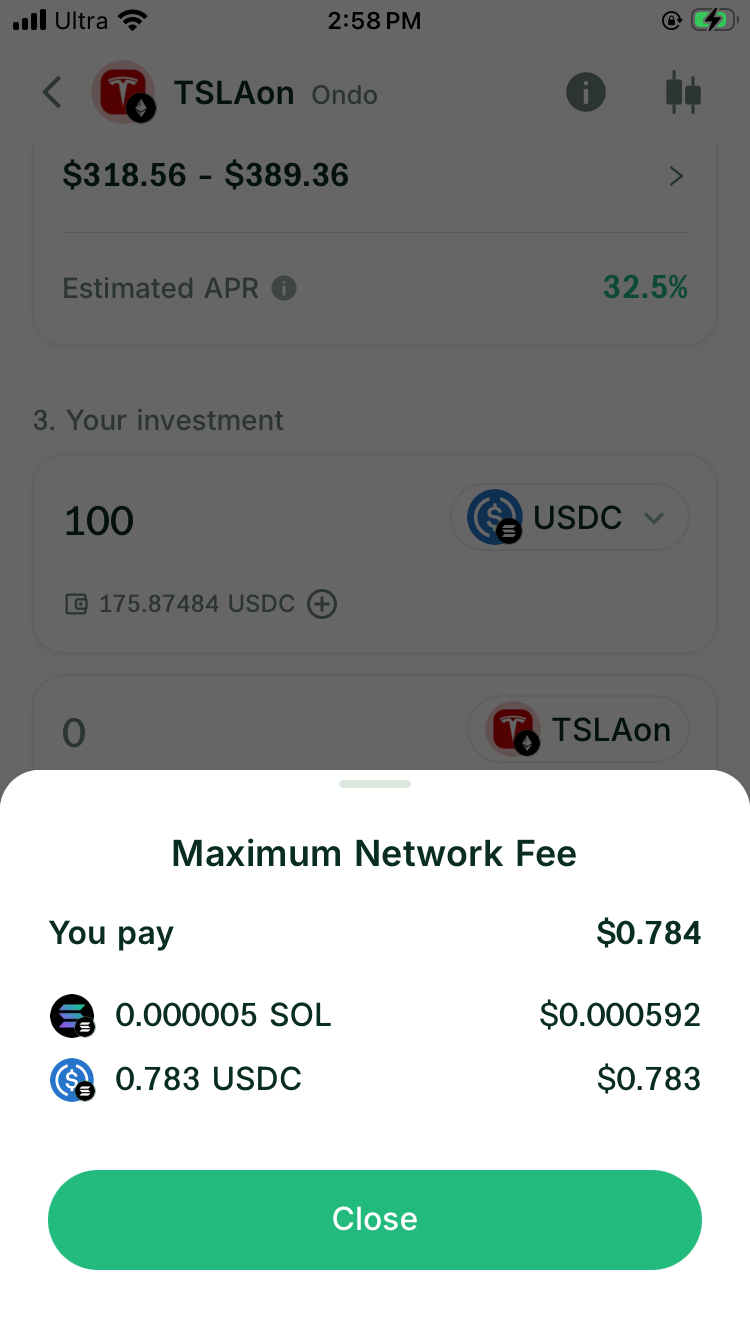 DeGate Turbo Range maximum network fee details showing SOL and USDC components