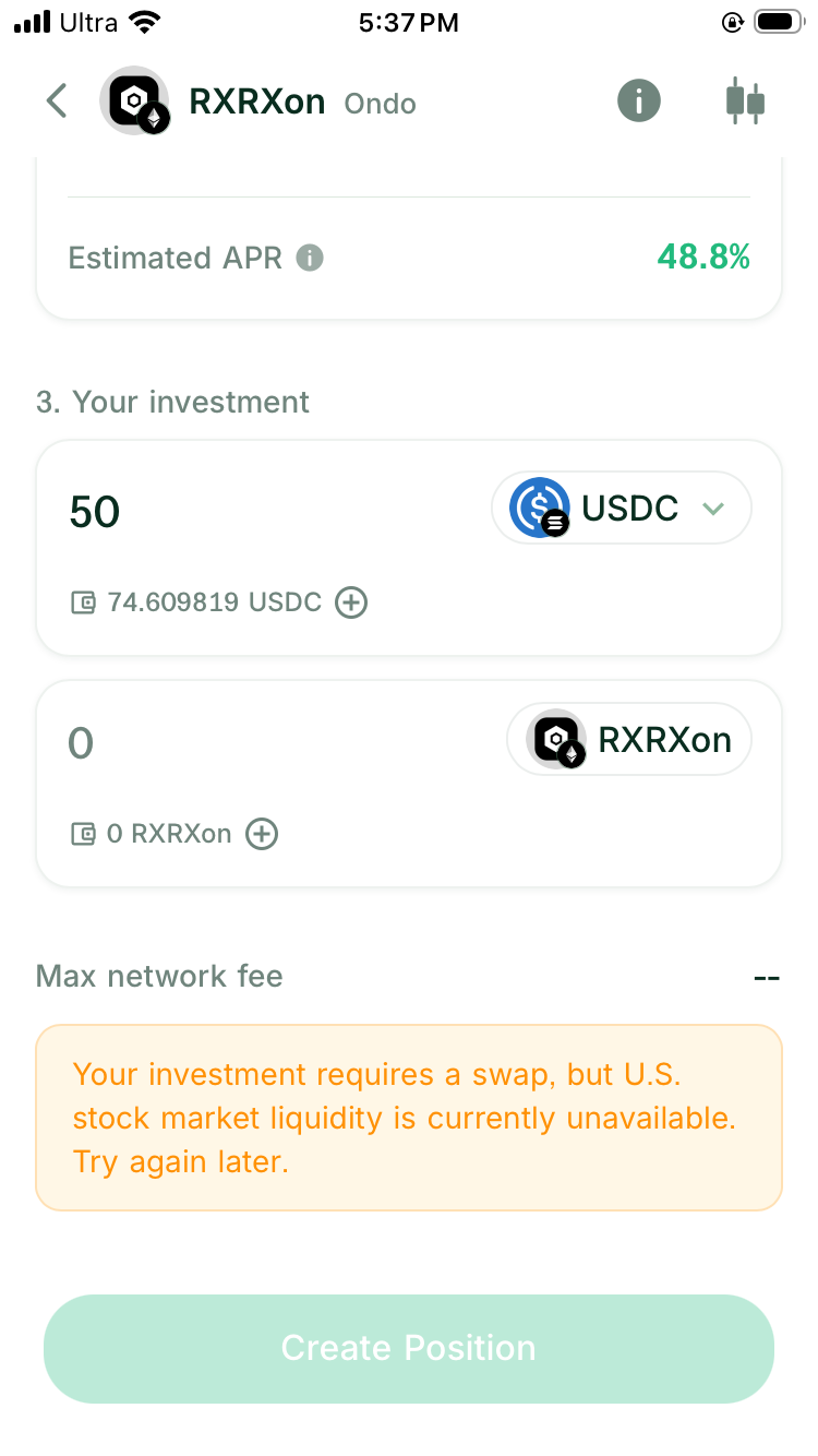 DeGate RXRXon setup with a USDC input, a missing network-fee estimate, and a warning that the required swap's U.S. stock market liquidity is unavailable