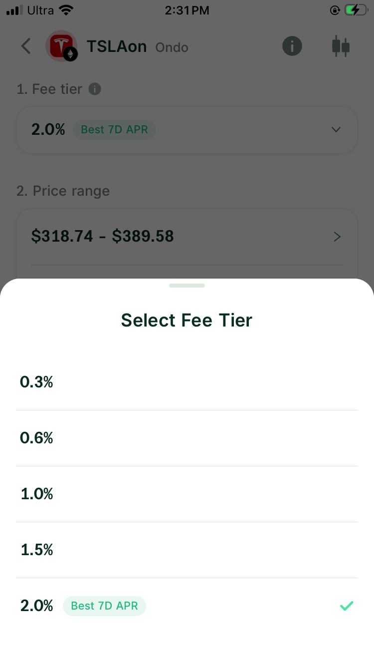 DeGate Turbo Range fee-tier selector for TSLAon