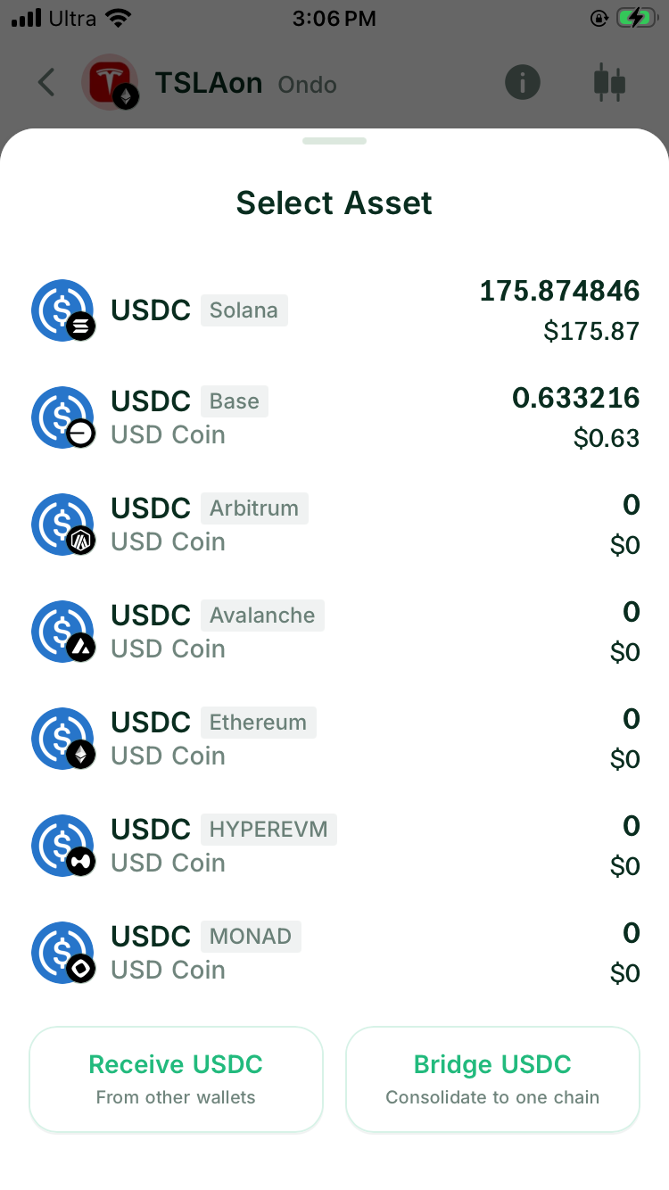 DeGate Turbo Range asset selector listing USDC balances on several networks