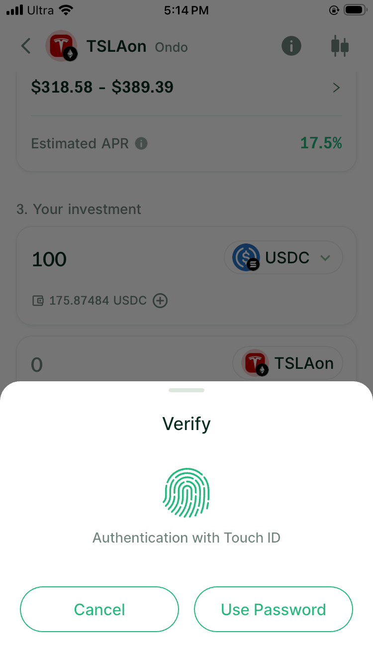 DeGate wallet verification screen offering Touch ID or password